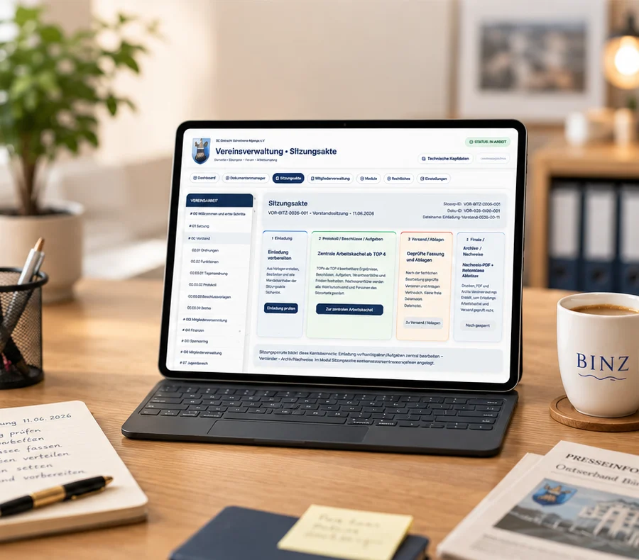 Schachportal Digital Vereinsverwaltung mit Sitzungsakte auf einem iPad am Schreibtisch