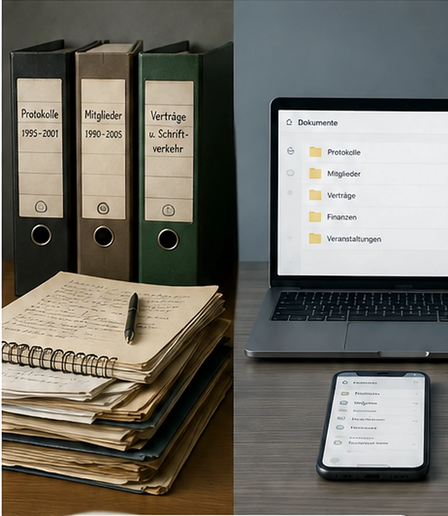 Aktenordner und handschriftliche Unterlagen neben einem Laptop mit digitaler Dokumentenablage